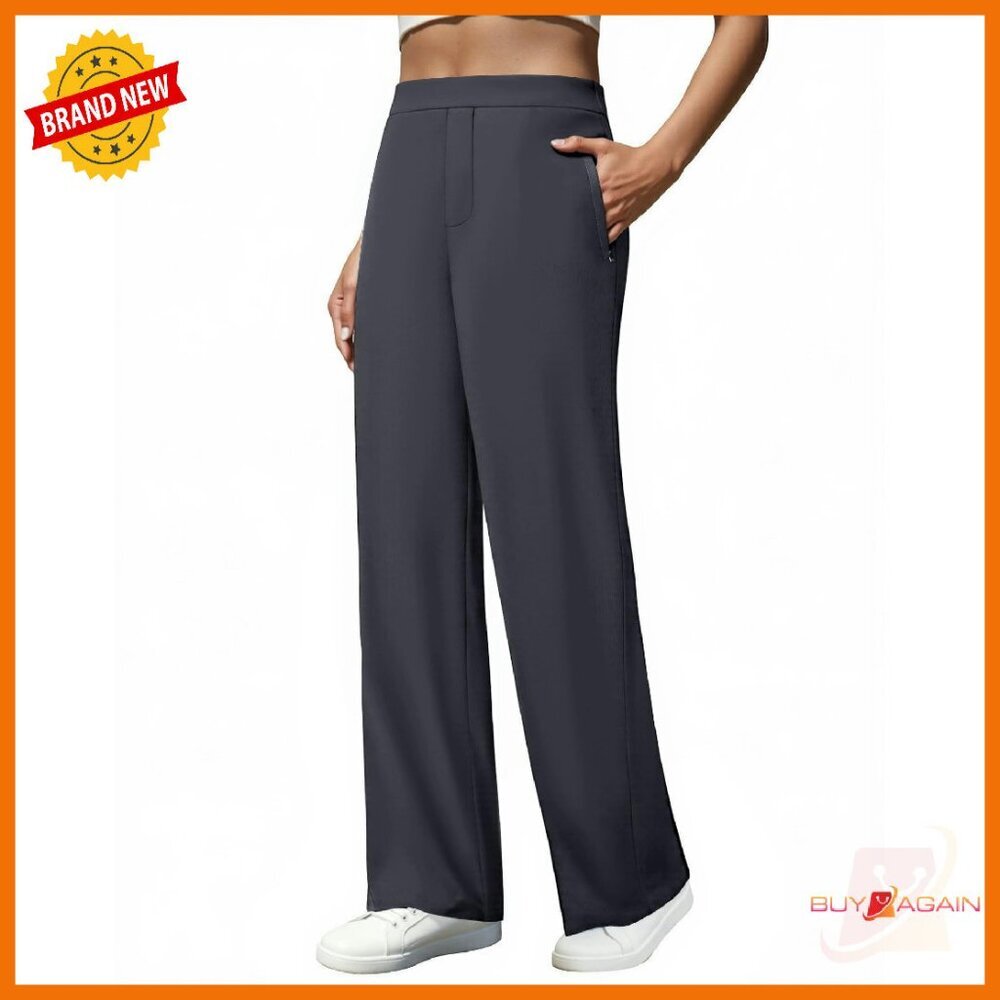 High Waisted Straight Leg Work Pants with Zipper Pockets Polyester Spandex
